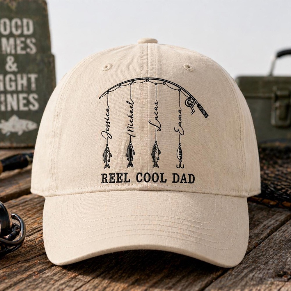 Personalized Reel Cool Dad Cap With Kids Name For Dad Grandpa Father's Day Gift
