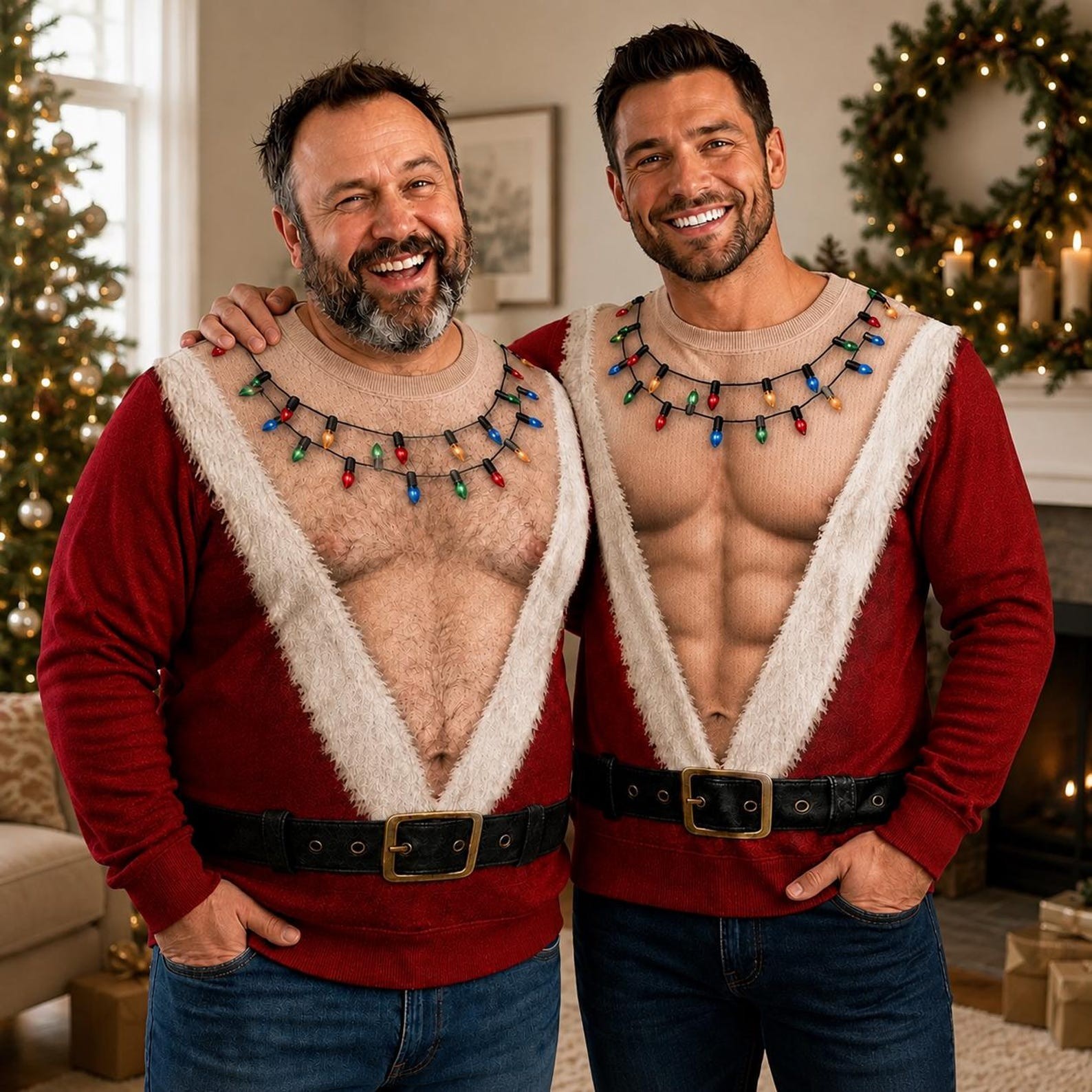 Funny Hairy Chest Santa Sweater for Men Ugly Christmas Party Pullover