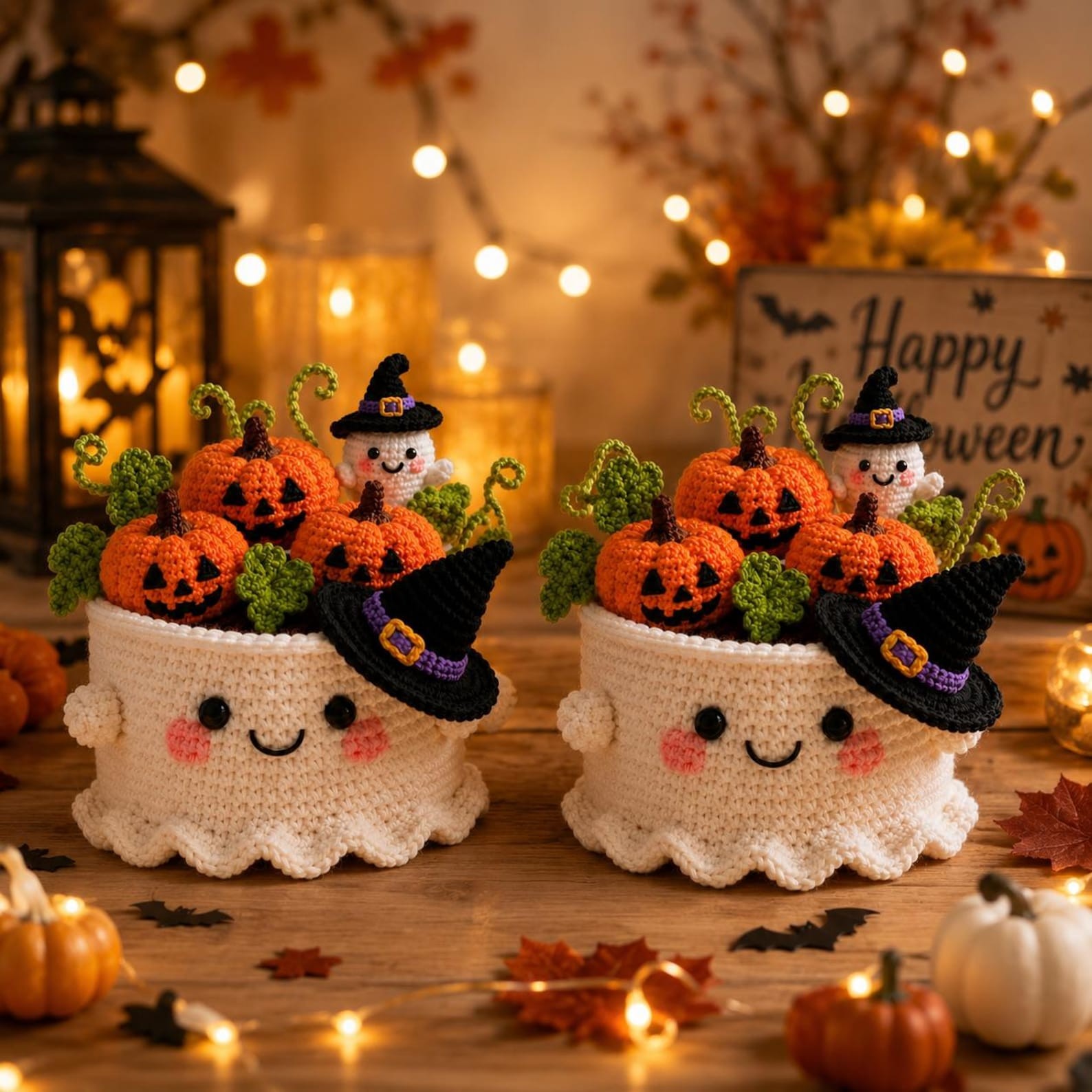 Handmade Crochet Halloween Pumpkin Ghost Pot Cute Spooky Decor Ghost Flower Pot for Cozy Home Fall Halloween Gift