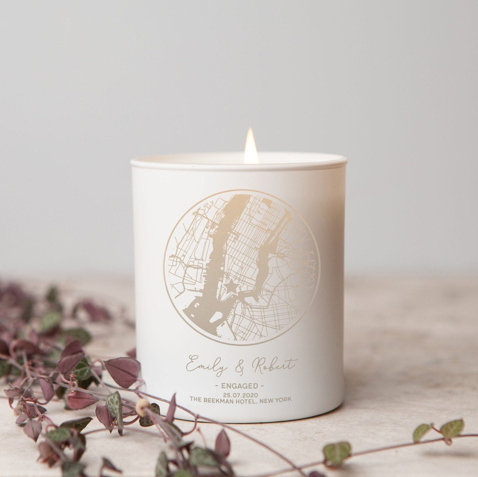 Personalised Engagement Candle Gift Engraved Map, Names & Date