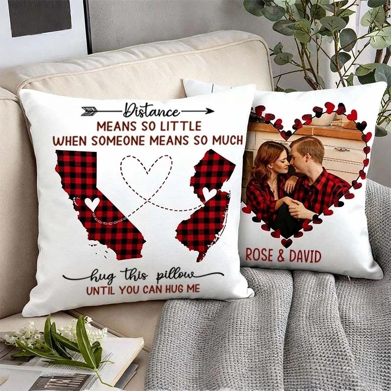 Personalized Long Distance Gift Pillow for Girlfriend Boyfriend Custom State and Photo Pillow Valentines Day Long Distance Gift Two Pillow