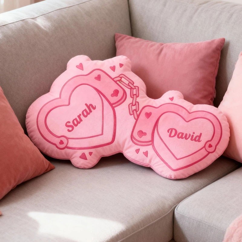 Personalized Couple Pink Heart Handcuff with Names Couple Home Pillow Romantic Valentine's Day Gift