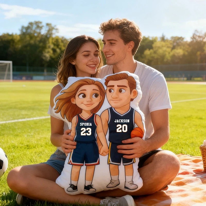 Personalized Basketball Pillow with Custom Couple Portrait Design Slam Dunk Your Valentine’s Day Love