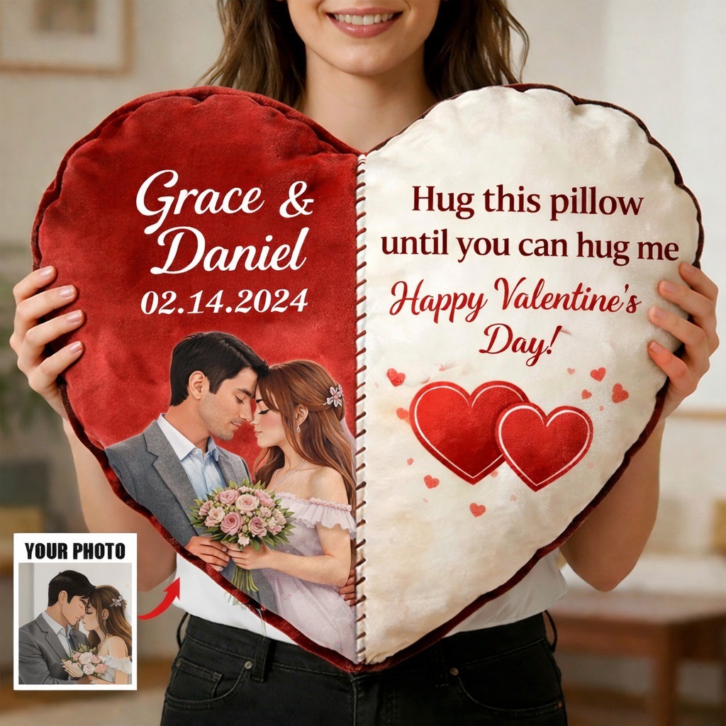Personalized Photo Heart Pillow Custom Names & Valentine’s Day Message
