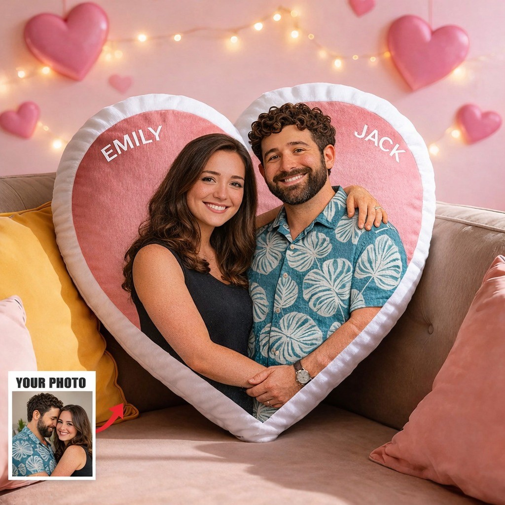 Personalized Couple Photo Pillow Red Heart Shaped Pillow for Valentine’s Day Gifts