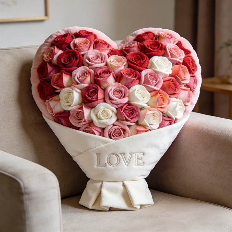 Personalized Heart Shaped Flower Bouquet Themed Throw Pillow