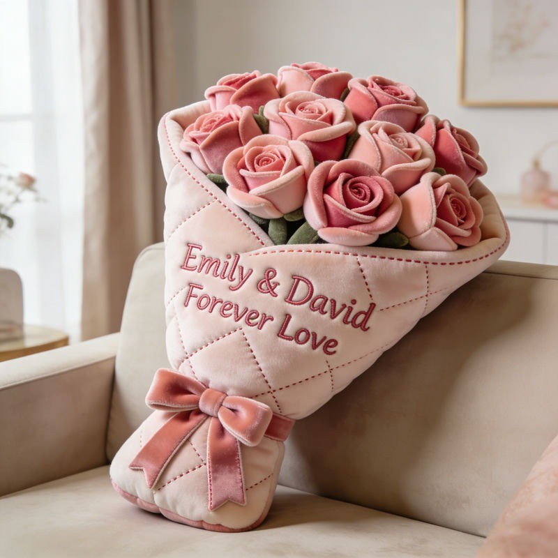 Personalized Valentine's Day Rose Bouquet Themed Throw Pillow