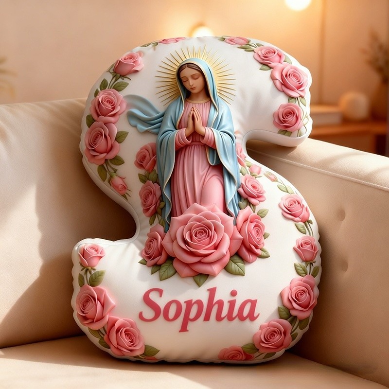Personalized Virgin of Guadalupe Letter Pillow with Custom Name Religious Home Decor Pink Rose Graphic 3D Print Pillow