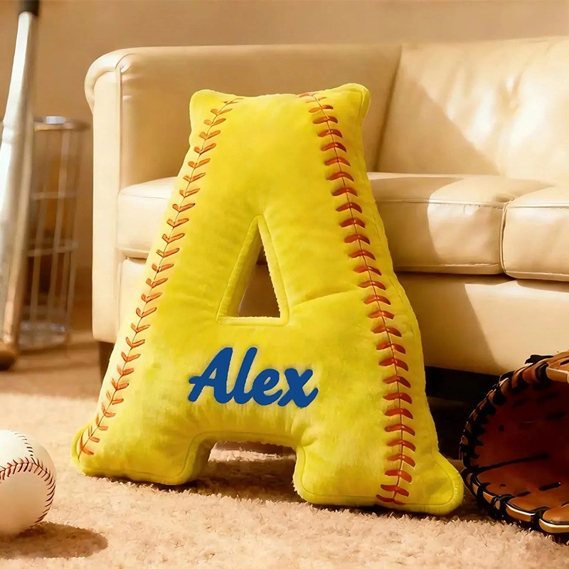 Personalized Softball Themed Letter Shaped Pillow with Custom Name