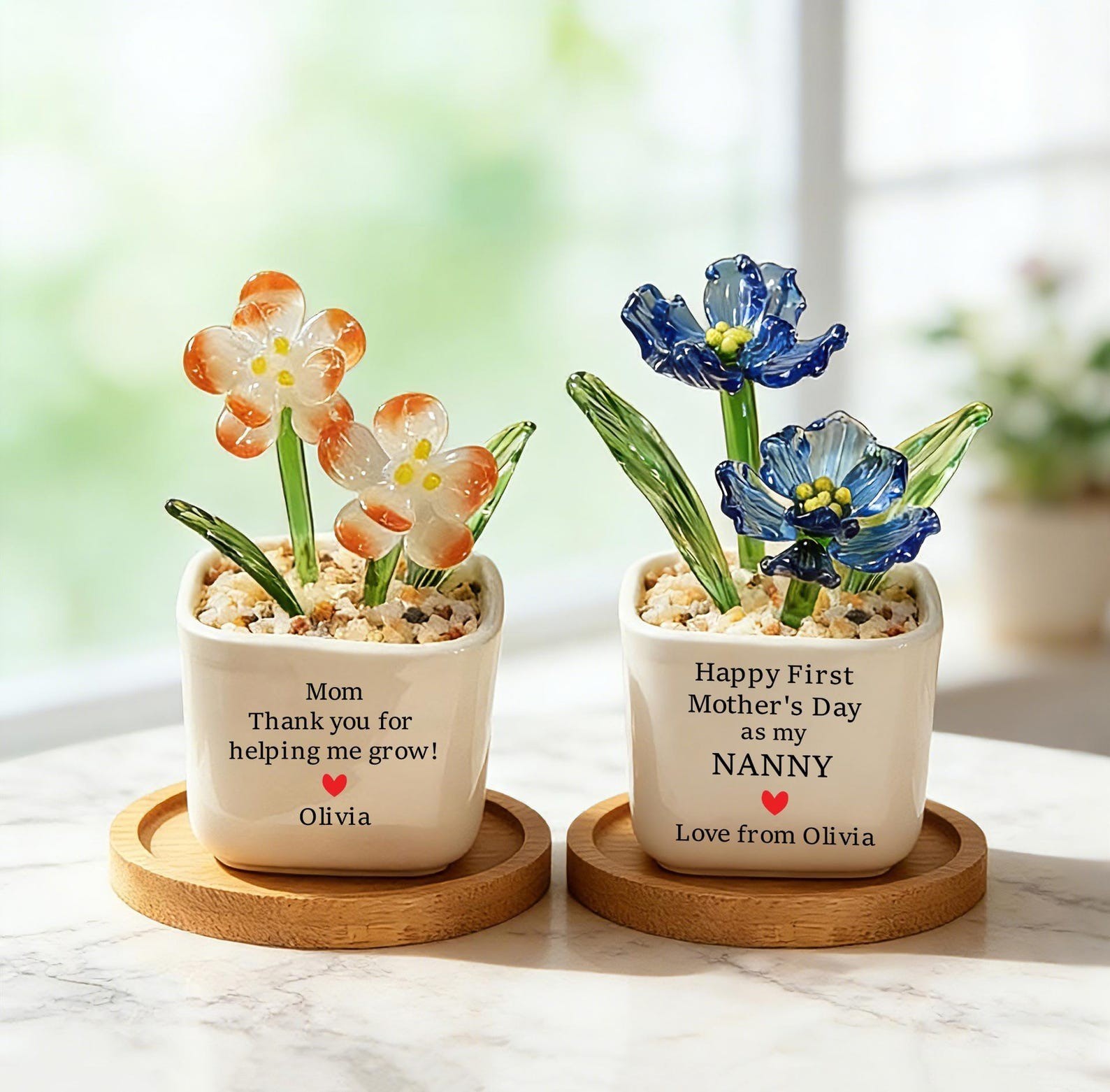 Hand Blown Glass Potted Plants Mothers Day Gifts for Mom or Grandmother Birth Flower Pot