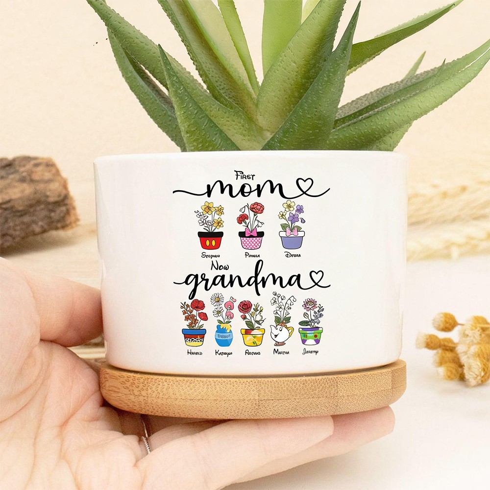Personalized First Mom Now Grandma Cartoon Mother's Day Plant Pot Birth Flower Pot Kid Name