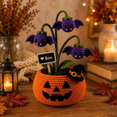 Handmade Crochet Halloween Pumpkin Ghost Pot Cute Spooky Decor Ghost Flower Pot for Cozy Home Fall Halloween Gift