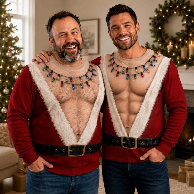 Funny Hairy Chest Santa Sweater for Men Ugly Christmas Party Pullover