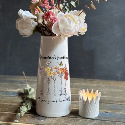 Personalized Grandma's Garden Birth Flower Vase With Grandchildren Name For Mom Grandma Gift