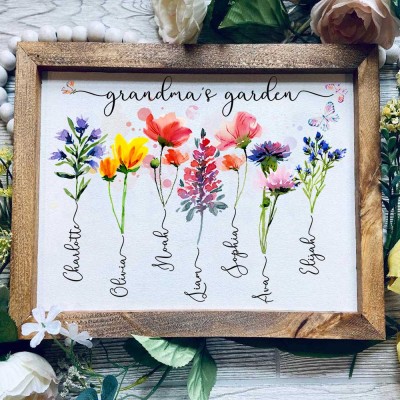 Custom Birth Month Flower Grandma's Garden Wooden Sign For Mom Grandma Mother's Day Gift