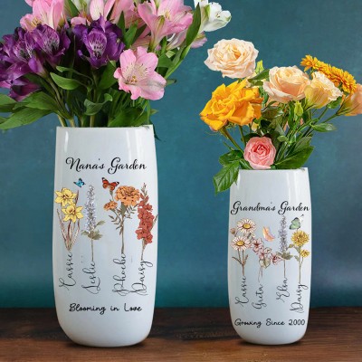Personalized Grandma's Garden Birth Flower Vase With Grandchildren Name For Mom Grandma Gift