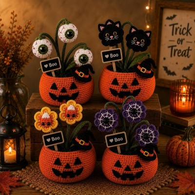 Handmade Crochet Halloween Pumpkin Ghost Pot Cute Spooky Decor Ghost Flower Pot for Cozy Home Fall Halloween Gift