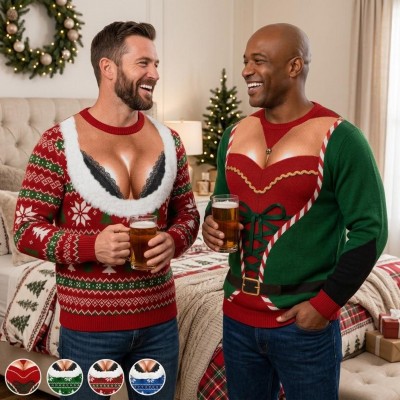 Funny Hairy Chest Santa Sweater for Men Ugly Christmas Party Pullover