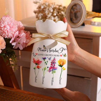 Custom Nana's Garden Birth Flower Vase With Grandchildren Names Unique Gift For Mom Grandma