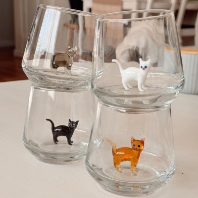 Cat Figurine Glass Cup Murano Wine Glass Cat Lover Gift Handmade Glassware 3D Cat Cup