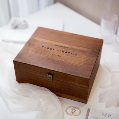 Wood Storage Box Hinge Lid Engraved Wedding Keepsake Memory Display Photos Cards Gift Couples