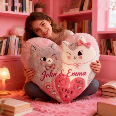 Personalized Couple Cats Heart Pillow with Name Custom Couple Valentine's Day Gift