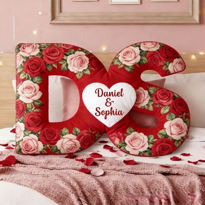 Personalized Initial Heart Pillow Romantic Rose Design Throw Pillow for Wife Girlfriend Valentines Gift for Her