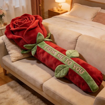 Personalized Valentine's Day Themed Single Rose Horizontal Shaped Pillow
