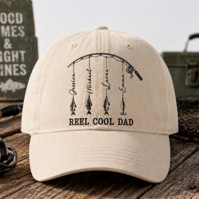 Personalized Reel Cool Dad Cap With Kids Name For Dad Grandpa Father's Day Gift