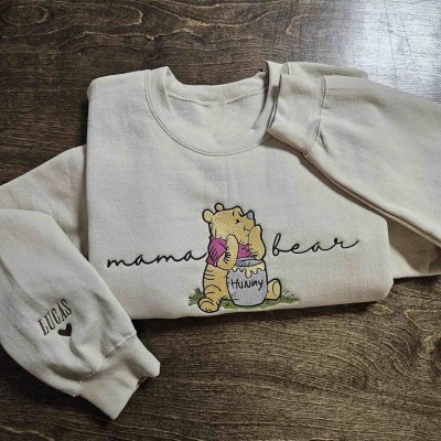 Custom Embroidered Mama Bear Sweatshirt with EST Date and Kids Name on Sleeve For Mother's Day Gift