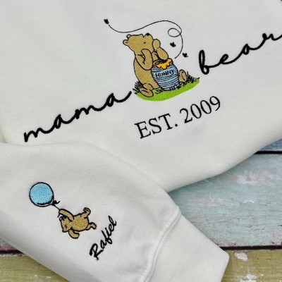 Custom Embroidered Mama Bear Sweatshirt with EST Date and Kids Name on Sleeve For Mother's Day Gift