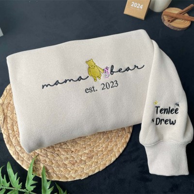 Custom Embroidered Mama Bear Sweatshirt with EST Date and Kids Name on Sleeve For Mother's Day Gift