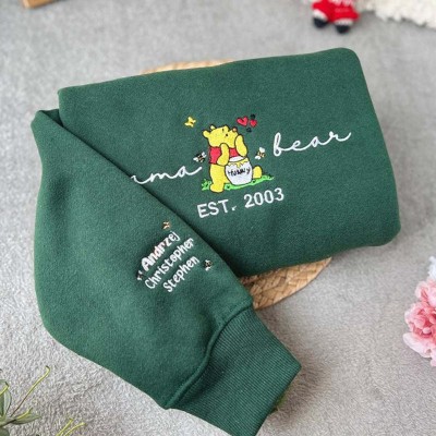 Custom Embroidered Mama Bear Sweatshirt with EST Date and Kids Name on Sleeve For Mother's Day Gift