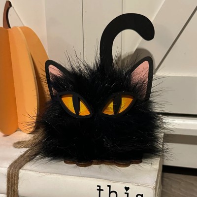 Black Halloween PomPom Cat Fall Tiered Tray Decor