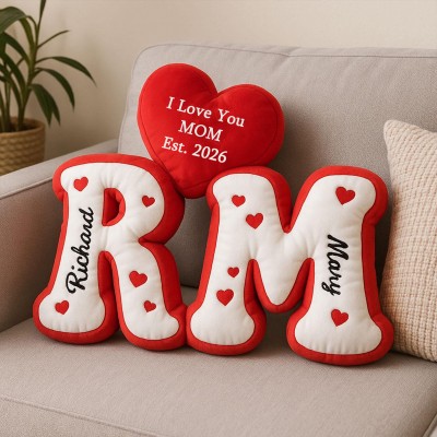 Personalized Mom Initial Pillow with Heart Custom Name Plush Pillow Unique Mother's Day Gift for Mom, Grandma & Family