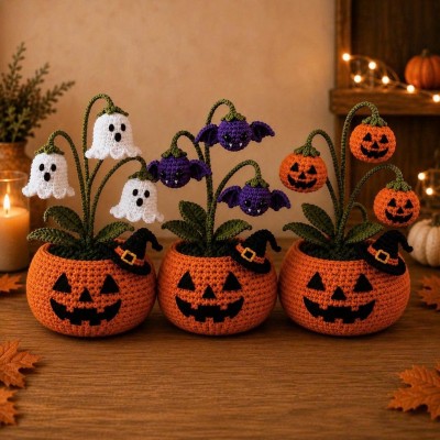 Handmade Crochet Halloween Pumpkin Ghost Pot Cute Spooky Decor Ghost Flower Pot for Cozy Home Fall Halloween Gift