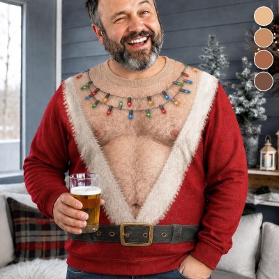 Funny Hairy Chest Santa Sweater for Men Ugly Christmas Party Pullover