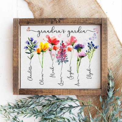 Custom Birth Month Flower Grandma's Garden Wooden Sign For Mom Grandma Mother's Day Gift