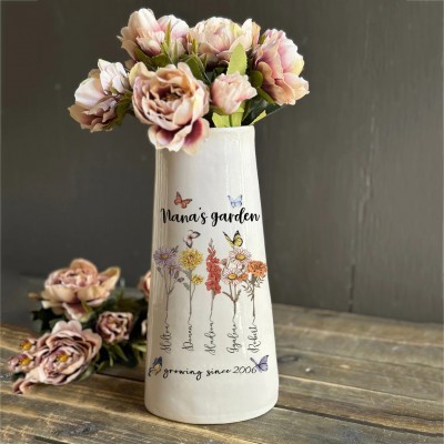 Personalized Grandma's Garden Birth Flower Vase With Grandchildren Name For Mom Grandma Gift