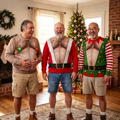 Funny Hairy Chest Santa Sweater for Men Ugly Christmas Party Pullover