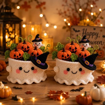Handmade Crochet Halloween Pumpkin Ghost Pot Cute Spooky Decor Ghost Flower Pot for Cozy Home Fall Halloween Gift