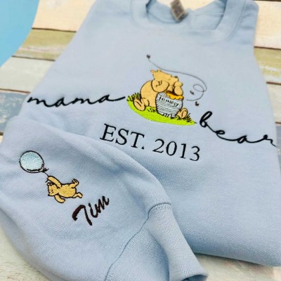 Custom Embroidered Mama Bear Sweatshirt with EST Date and Kids Name on Sleeve For Mother's Day Gift
