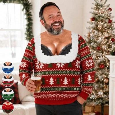 Funny Hairy Chest Santa Sweater for Men Ugly Christmas Party Pullover