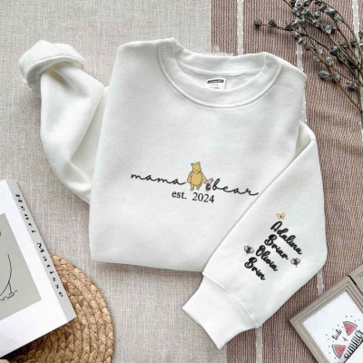 Custom Embroidered Mama Bear Sweatshirt with EST Date and Kids Name on Sleeve For Mother's Day Gift