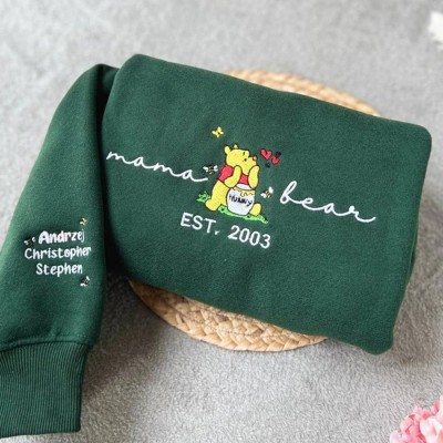 Custom Embroidered Mama Bear Sweatshirt with EST Date and Kids Name on Sleeve For Mother's Day Gift