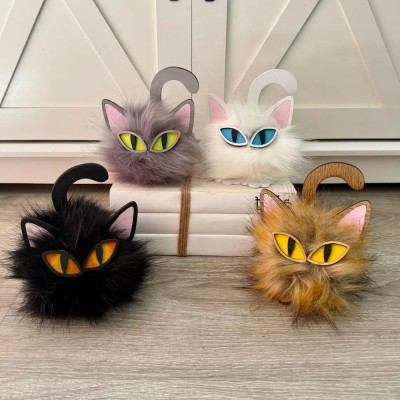 Black Halloween PomPom Cat Fall Tiered Tray Decor