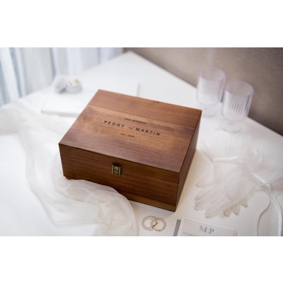 Wood Storage Box Hinge Lid Engraved Wedding Keepsake Memory Display Photos Cards Gift Couples
