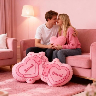 Personalized Couple Pink Heart Handcuff with Names Couple Home Pillow Romantic Valentine's Day Gift
