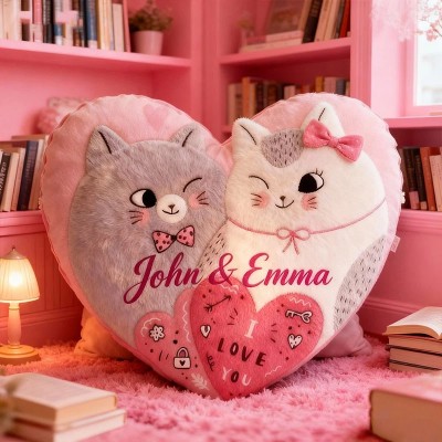 Personalized Couple Cats Heart Pillow with Name Custom Couple Valentine's Day Gift