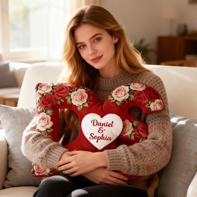 Personalized Initial Heart Pillow Romantic Rose Design Throw Pillow for Wife Girlfriend Valentines Gift for Her